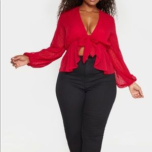 Red blouse With ruffled detail and puffy sleeves! Semi see-through